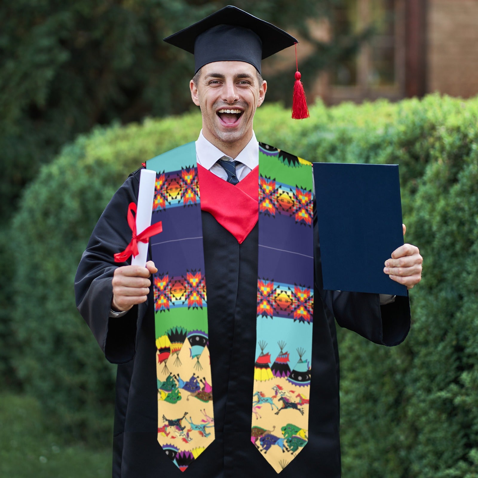 Horses and Buffalo Ledger Blue Graduation Stole