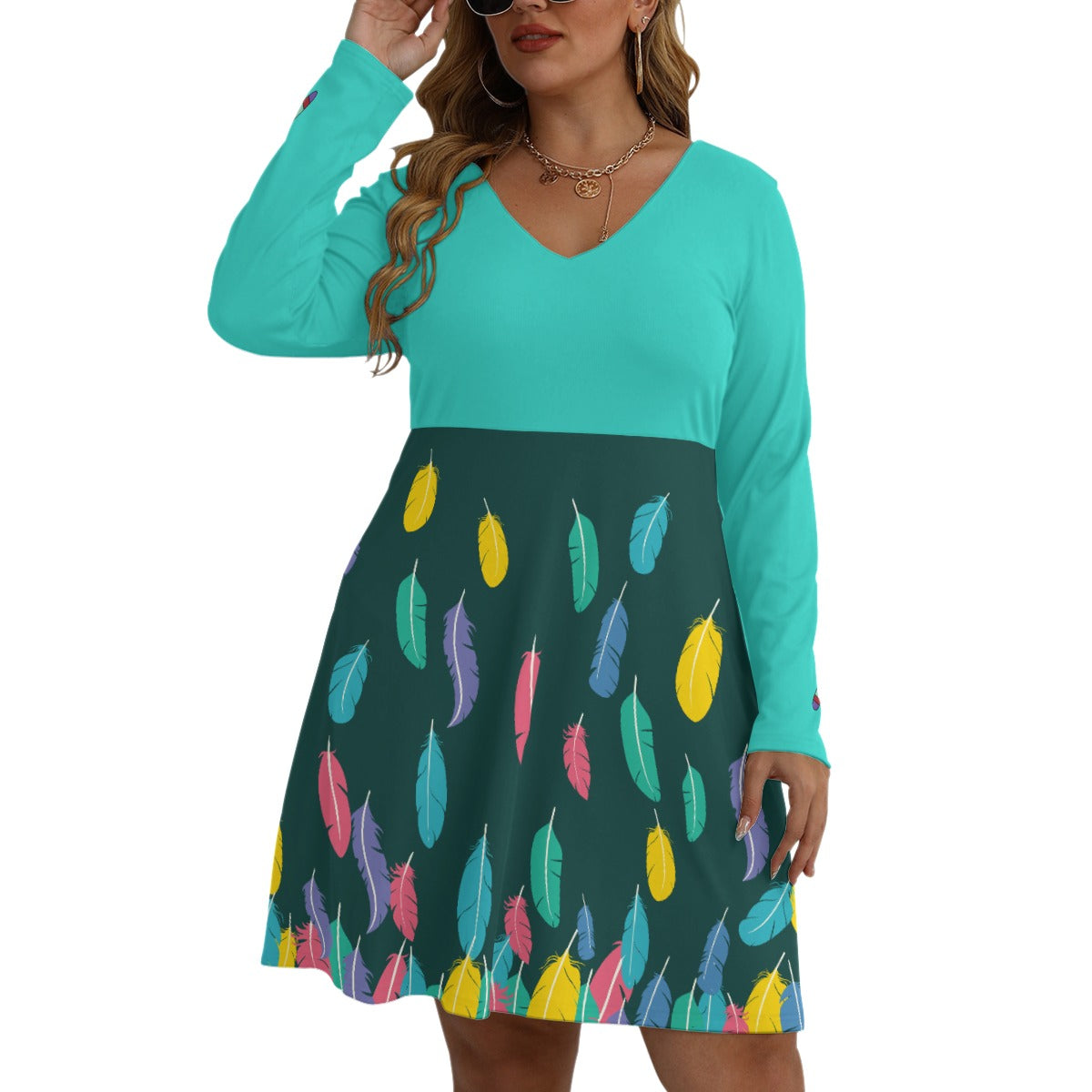 Spring Feathers V-neck Long Sleeve Dress(Plus Size)