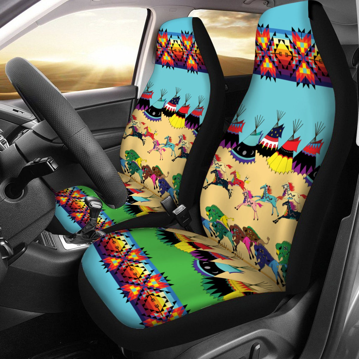 Horses and Buffalo Ledger Torquoise Universal Car Seat Cover With Thickened Back