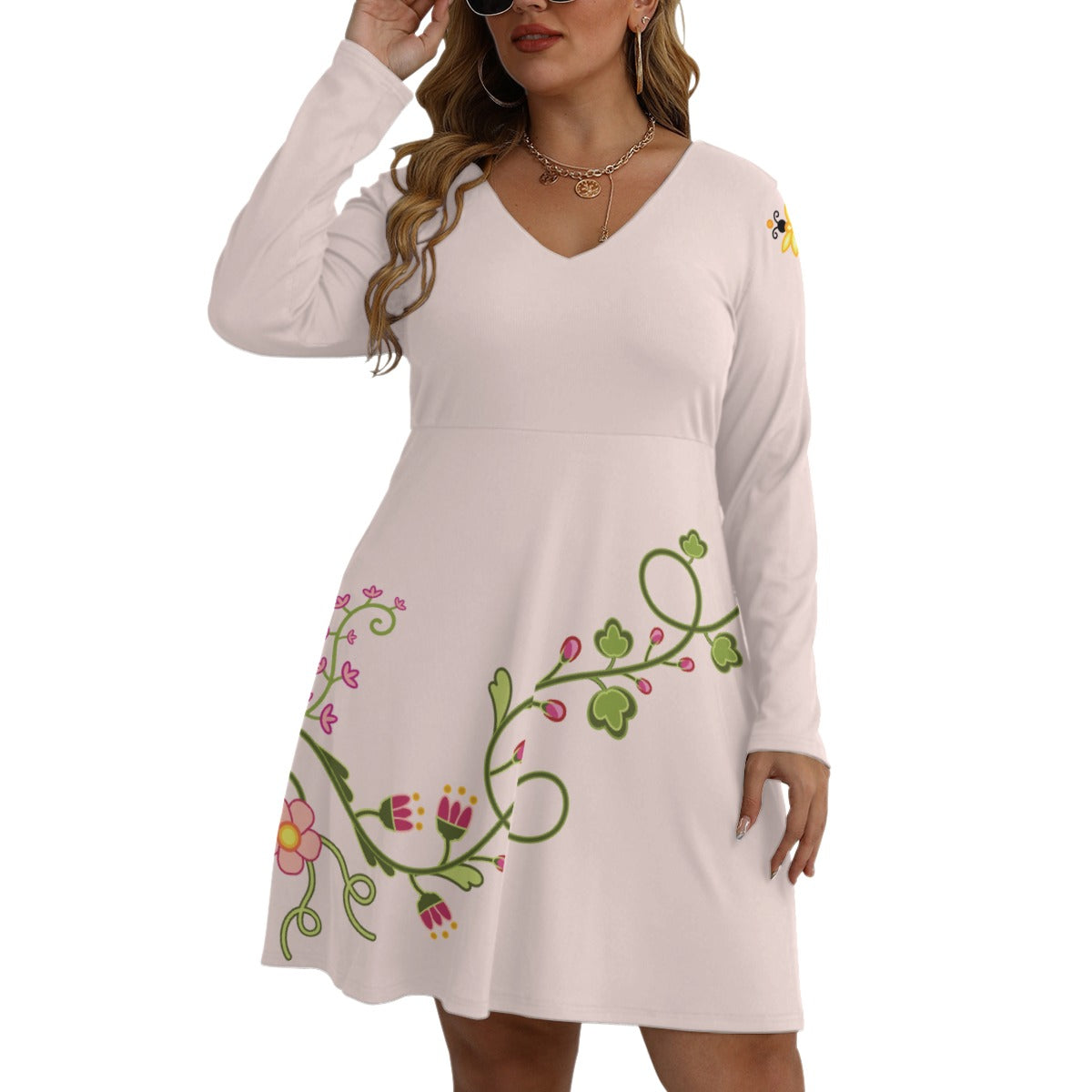 New Growth Rosé V-neck Long Sleeve Dress (Plus Size)