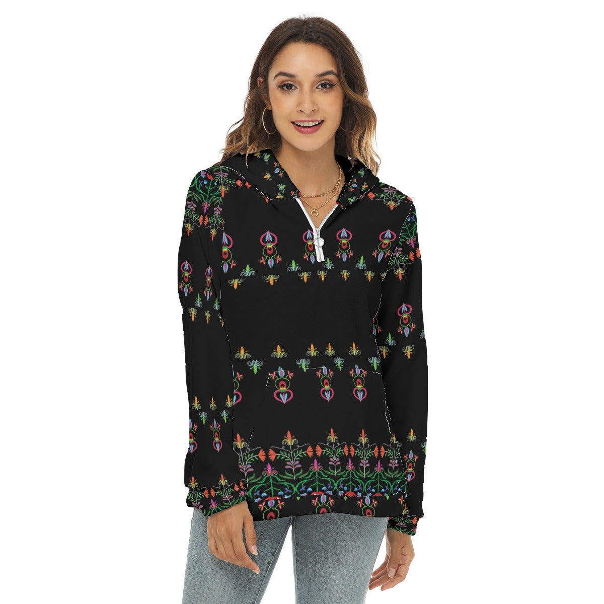 Metis Corn Mother Borg Fleece Hoodie With Half Zip