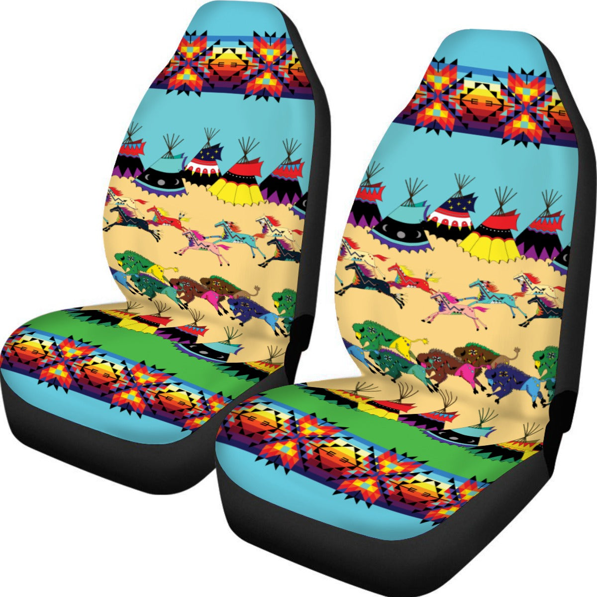 Horses and Buffalo Ledger Torquoise Universal Car Seat Cover With Thickened Back