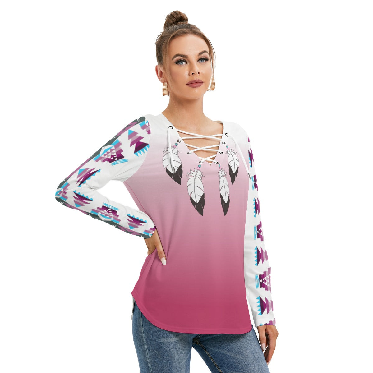 Soaring River Trail Long Sleeve Neckline Tie Sweatshirt