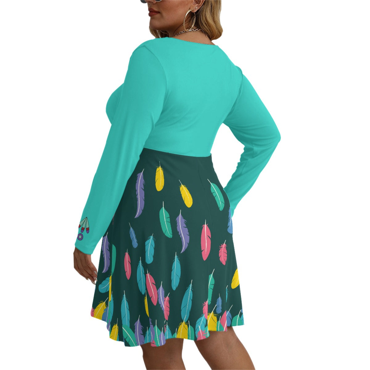 Spring Feathers V-neck Long Sleeve Dress(Plus Size)