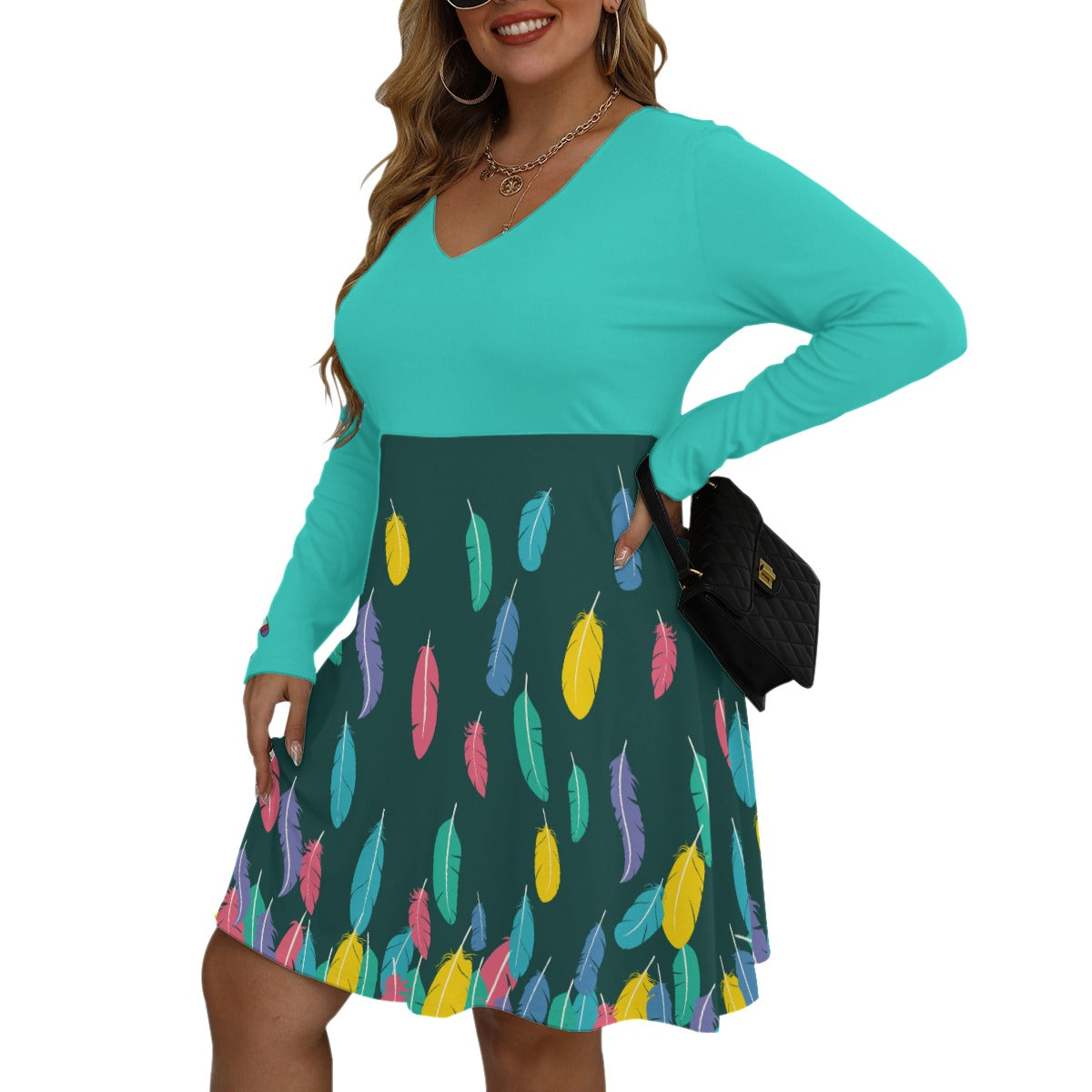 Spring Feathers V-neck Long Sleeve Dress(Plus Size)