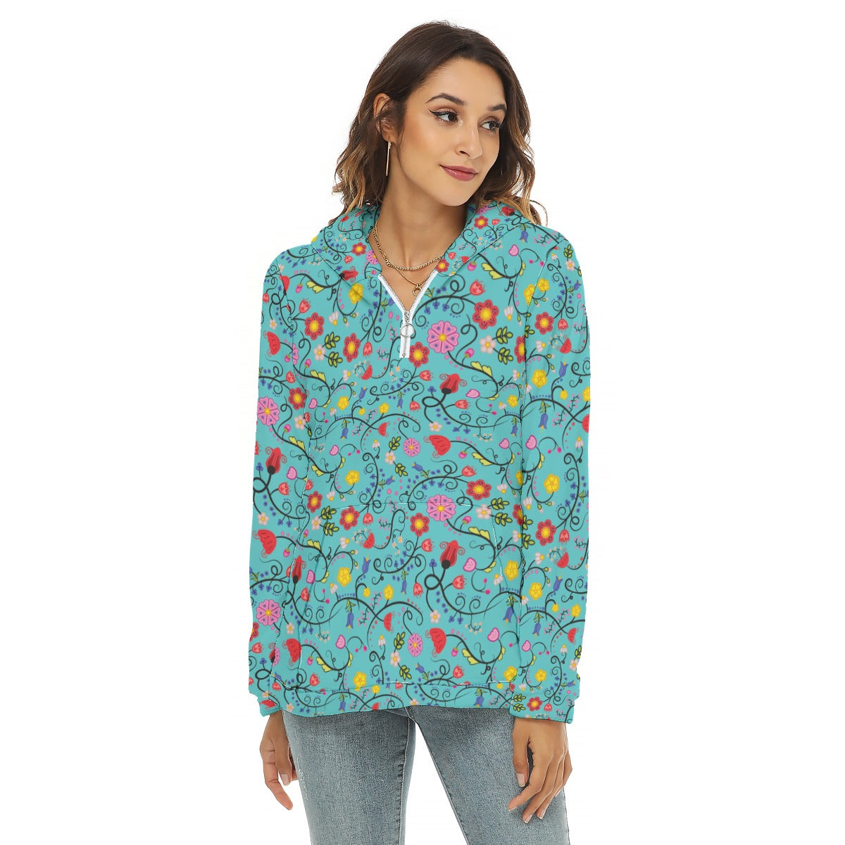 Nipin Blossom Sky Borg Fleece Hoodie With Half Zip