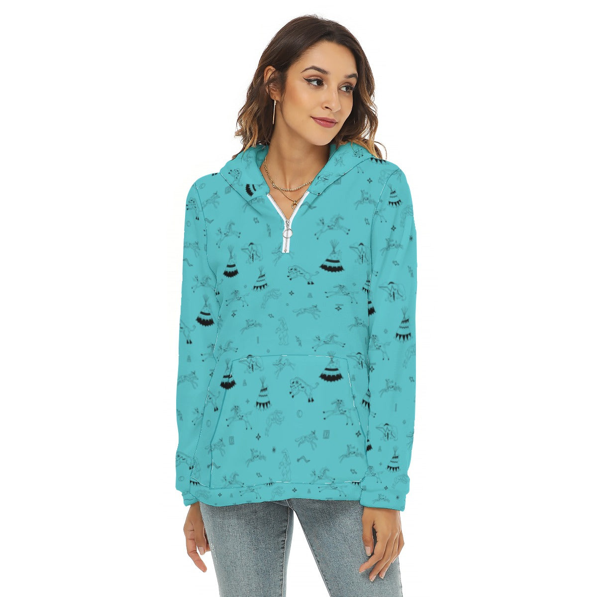 Ledger Dabbles Turquoise Borg Fleece Hoodie With Half Zip