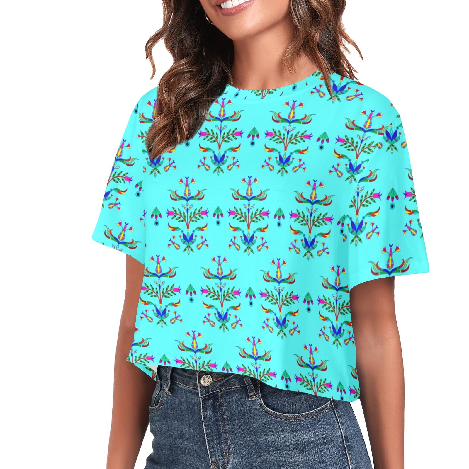 Dakota Damask Turquoise Women's Cropped T-shirt