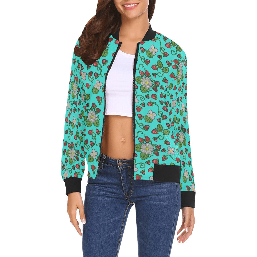 Strawberry Dreams Turquoise All Over Print Bomber Jacket for Women