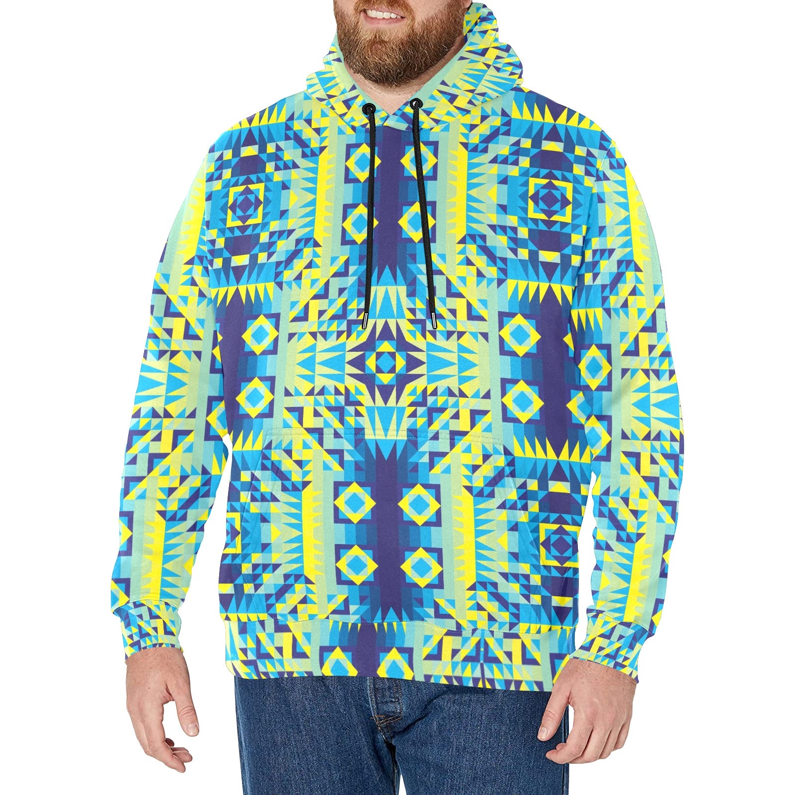 Kaleidoscope Jaune Bleu Men's Long Sleeve Fleece Hoodie