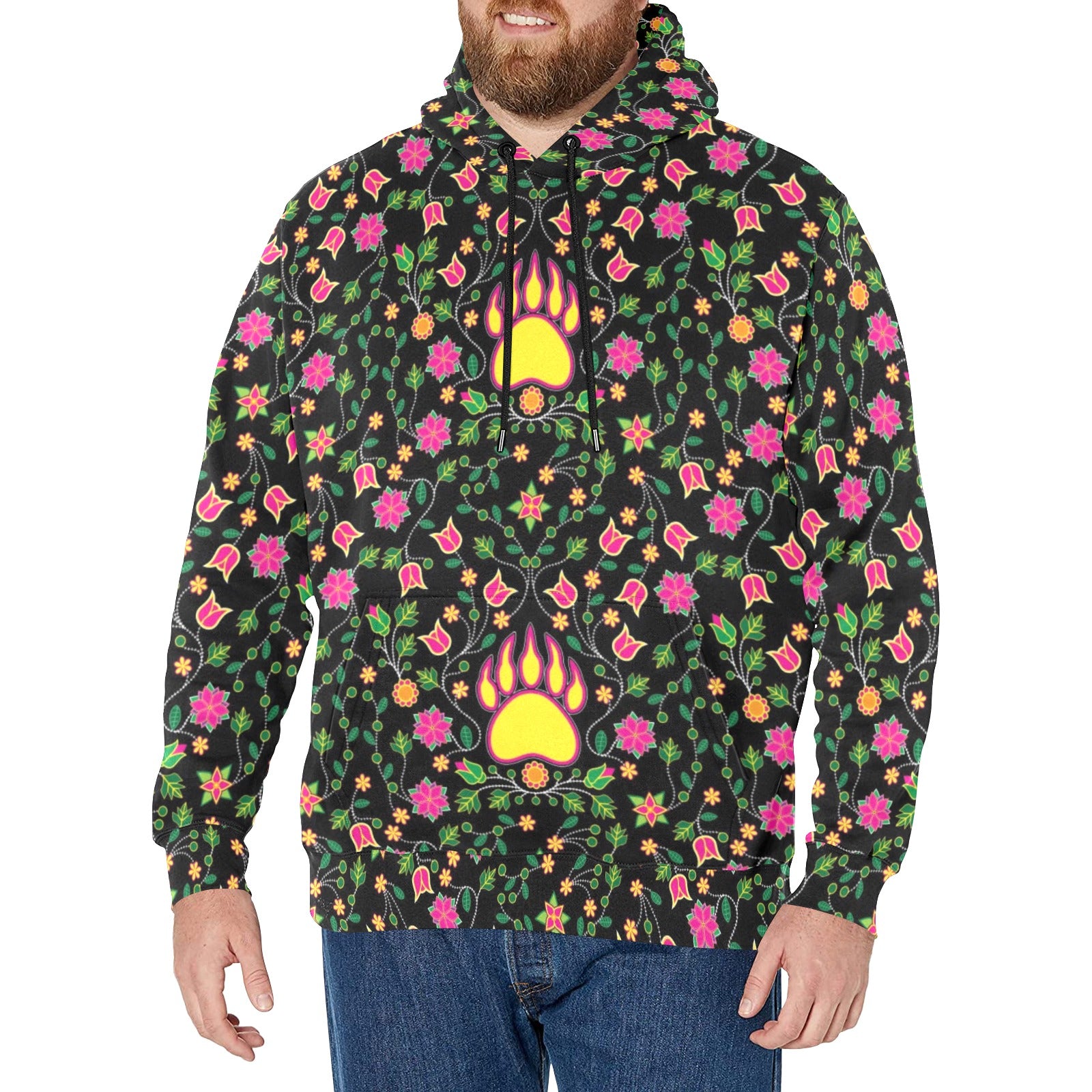 Floral Bearpaw Pink and Yellow Men's Long Sleeve Fleece Hoodie