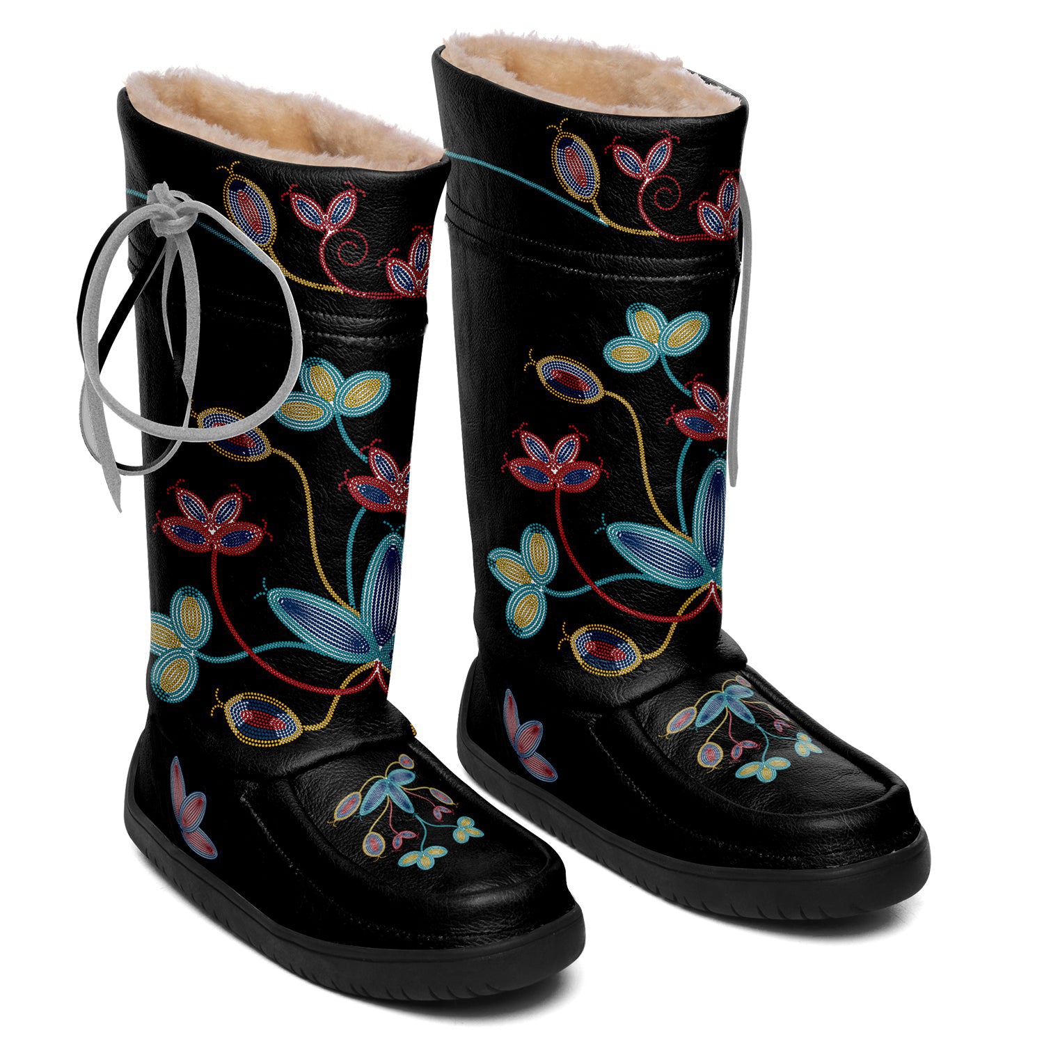 Aurora Petal Glow Black Leather MocLux Ankle with Fur