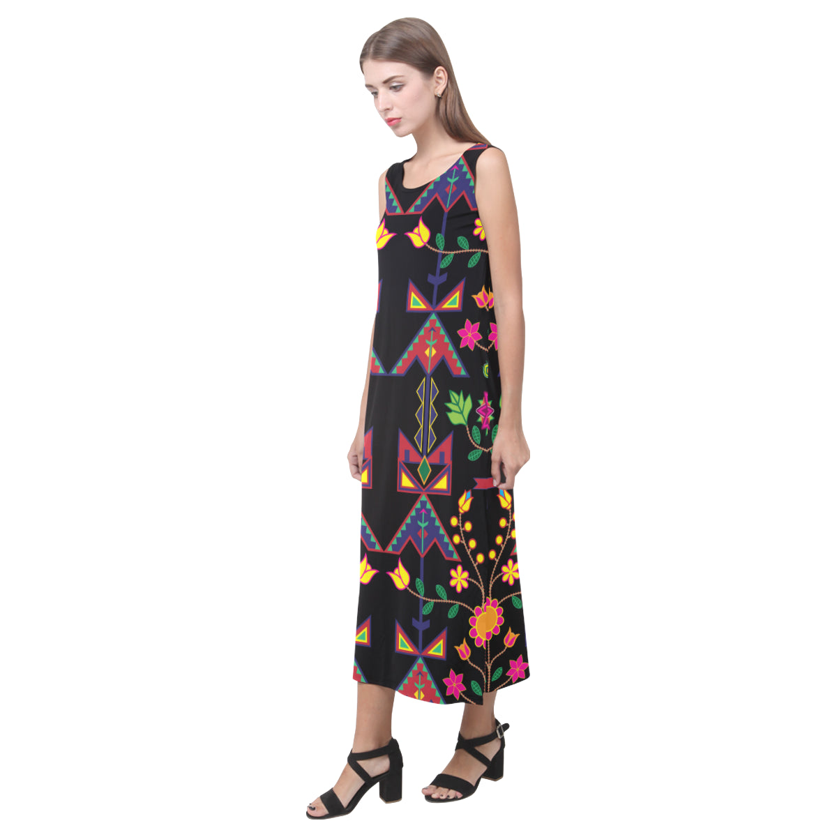 Geometric Floral Spring - Black Phaedra Sleeveless Open Fork Long Dress
