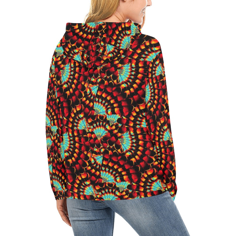 Hawk Feathers Fire and Turquoise Hoodie for Women (USA Size)
