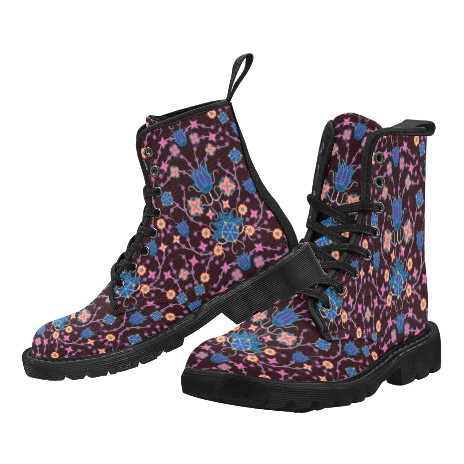 Floral Damask Purple Boots for Women (Black)