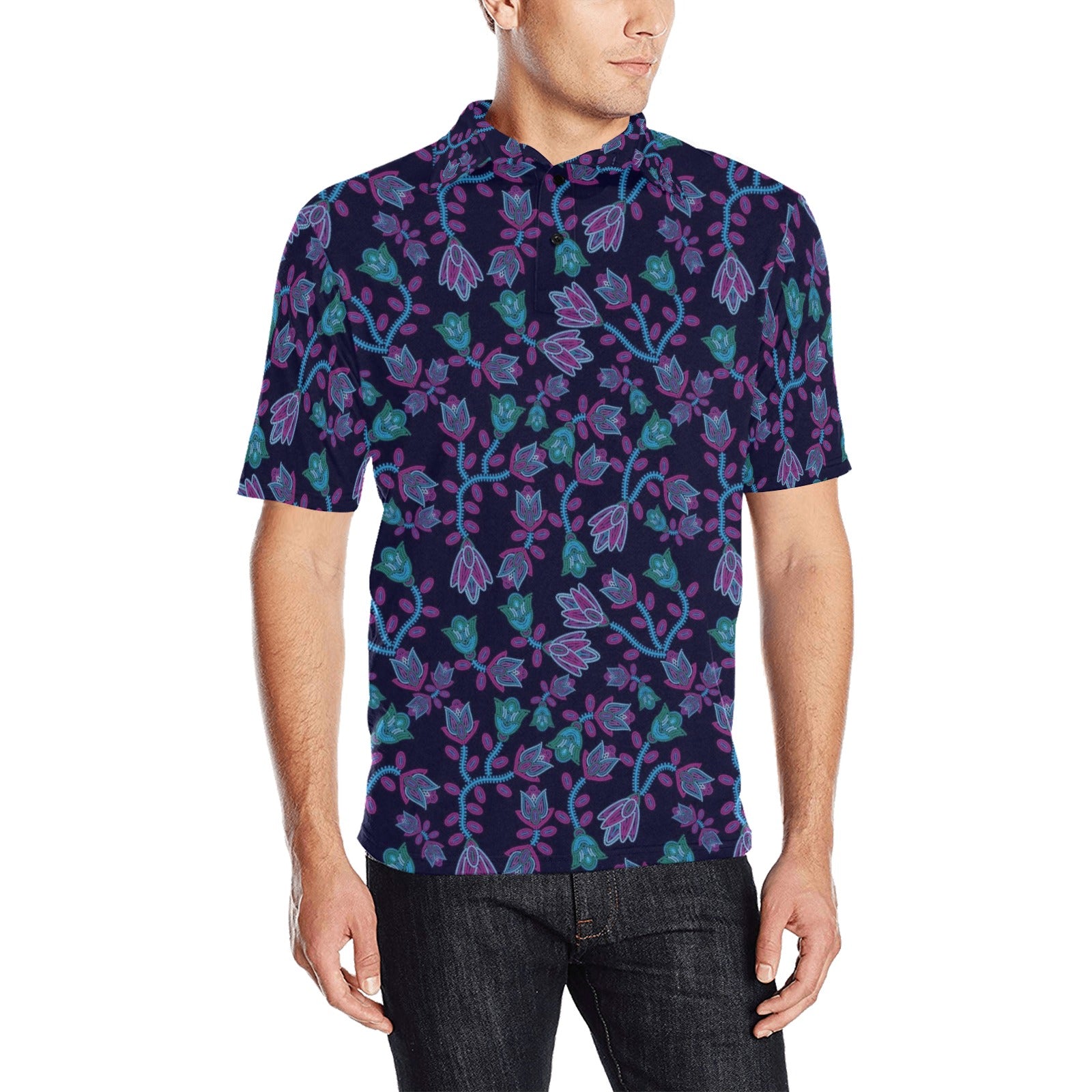 Beaded Blue Nouveau Men's All Over Print Polo Shirt (Model T55) Men's Polo Shirt (Model T55) e-joyer