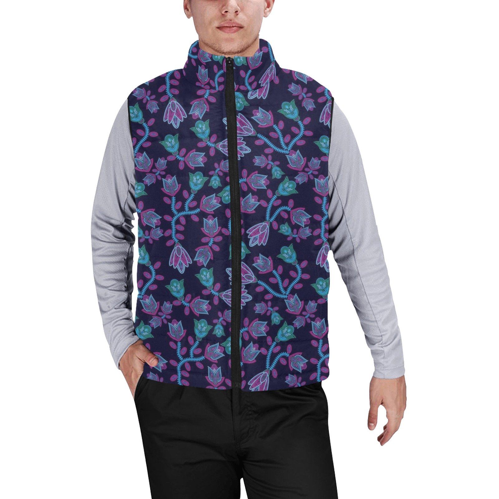 Beaded Blue Nouveau Men's Padded Vest Jacket (Model H44) Men's Padded Vest Jacket (H44) e-joyer