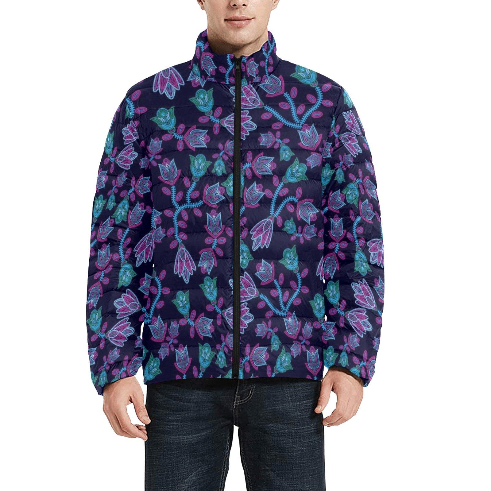 Beaded Blue Nouveau Men's Stand Collar Padded Jacket (Model H41) Men's Stand Collar Padded Jacket (H41) e-joyer