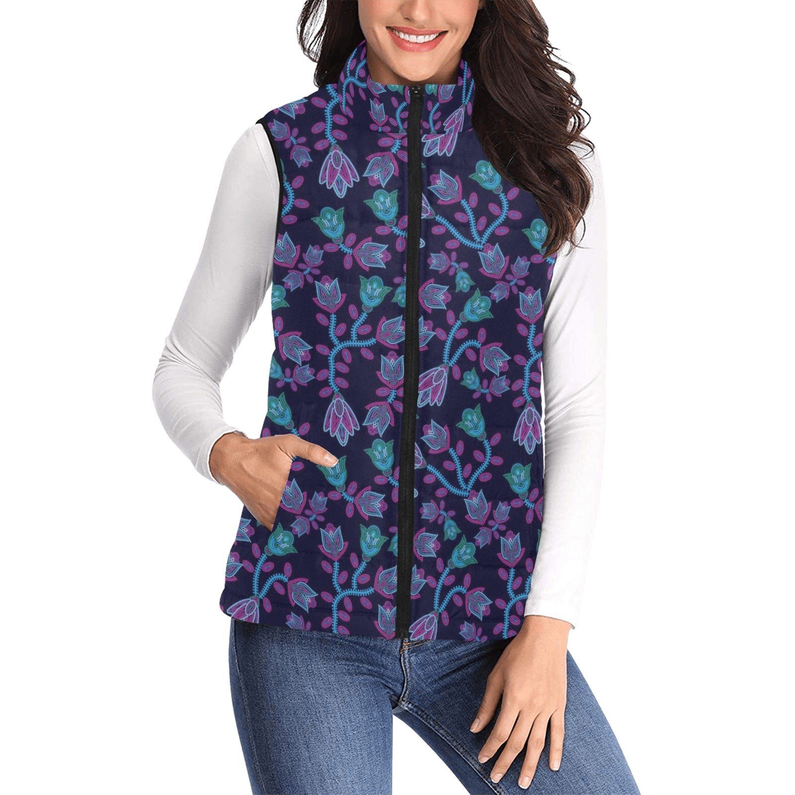 Beaded Blue Nouveau Women's Padded Vest Jacket (Model H44) Women's Padded Vest Jacket (H44) e-joyer 