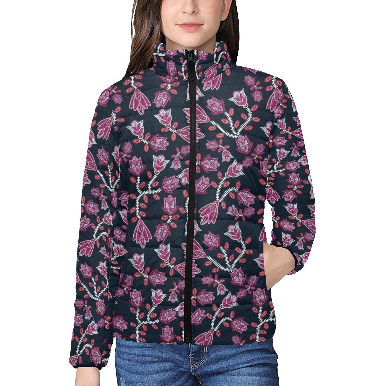 Beaded Pink Women's Stand Collar Padded Jacket (Model H41) jacket e-joyer 