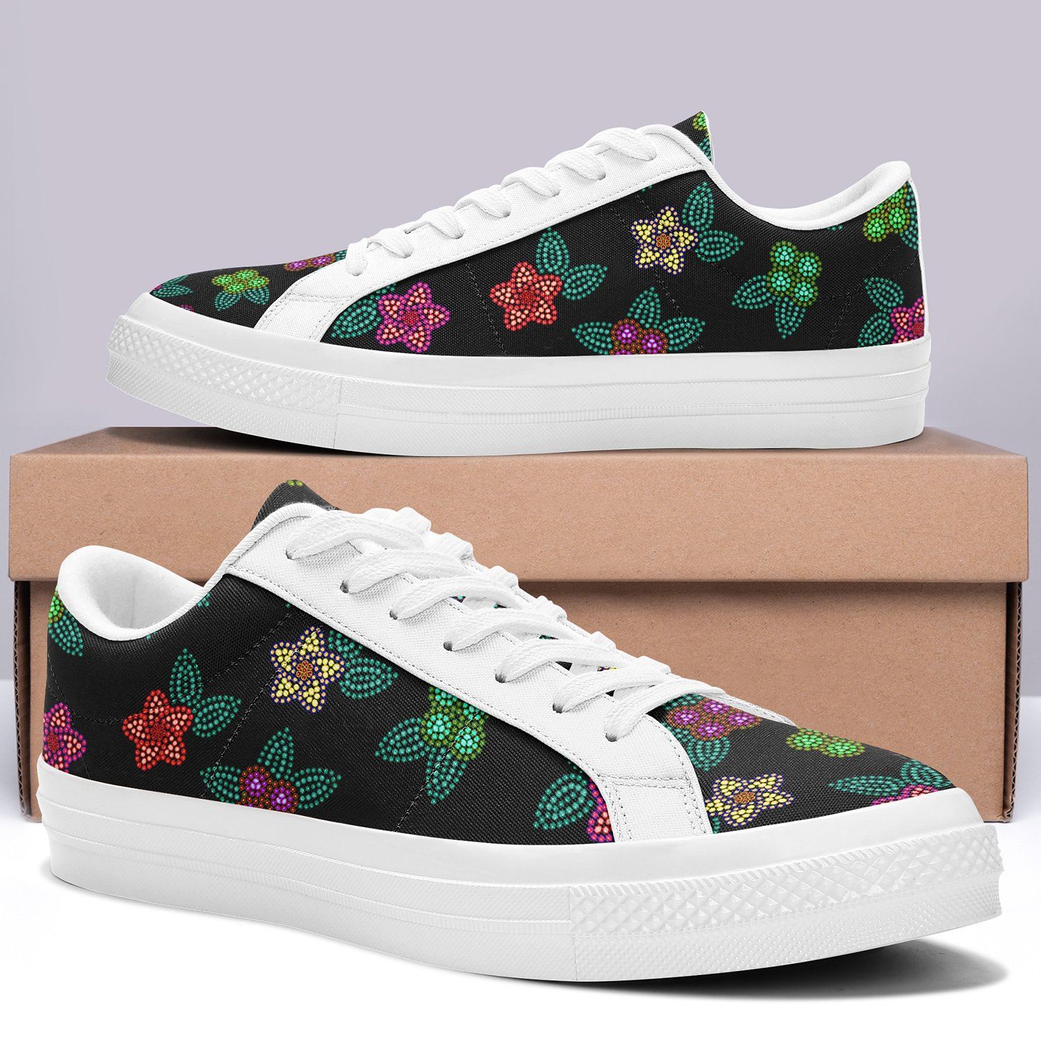 Berry Flowers Black Aapisi Low Top Canvas Shoes White Sole aapisi Herman