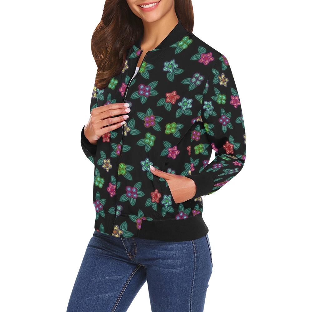 Berry Flowers Black All Over Print Bomber Jacket for Women (Model H19) All Over Print Bomber Jacket for Women (H19) e-joyer