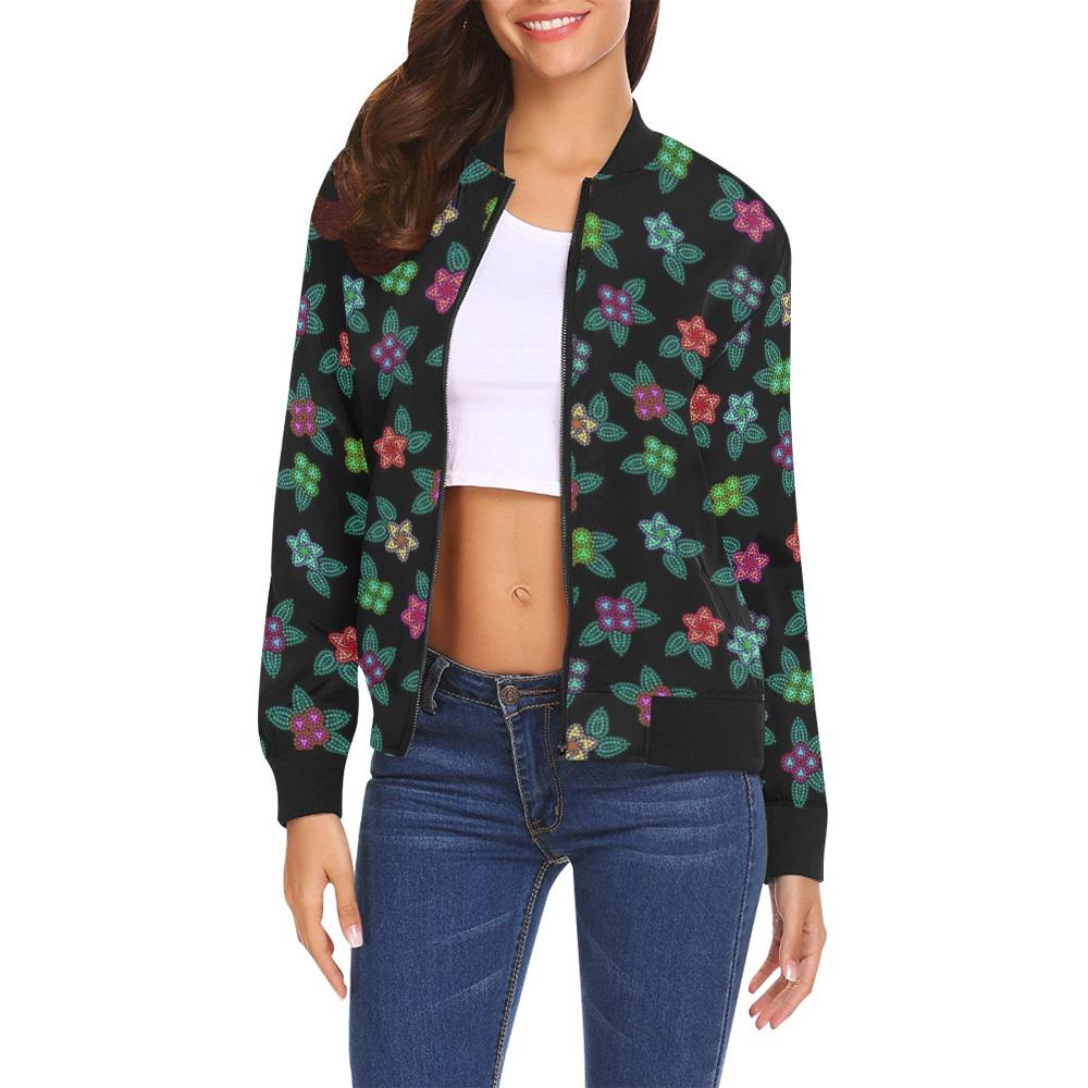 Berry Flowers Black All Over Print Bomber Jacket for Women (Model H19) All Over Print Bomber Jacket for Women (H19) e-joyer