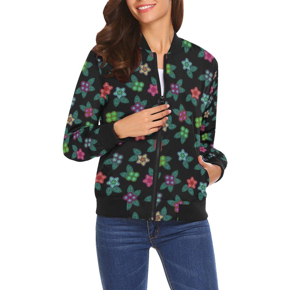 Berry Flowers Black All Over Print Bomber Jacket for Women (Model H19) All Over Print Bomber Jacket for Women (H19) e-joyer