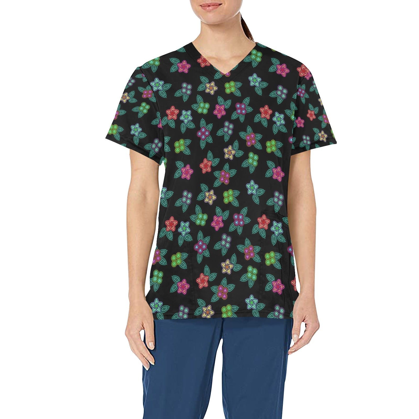 Berry Flowers Black All Over Print Scrub Top Scrub Top e-joyer
