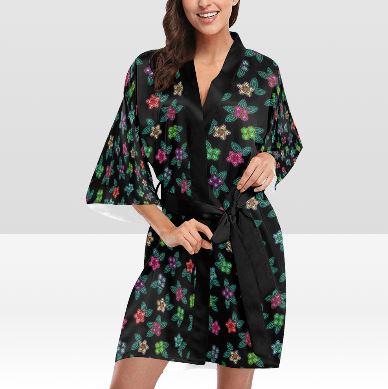 Berry Flowers Black Kimono Robe Artsadd