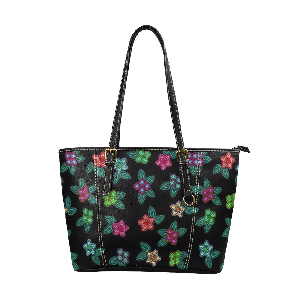 Berry Flowers Black Leather Tote Bag/Large (Model 1640) bag e-joyer