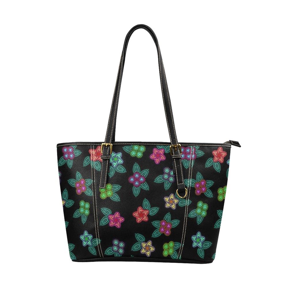 Berry Flowers Black Leather Tote Bag/Large (Model 1640) bag e-joyer 