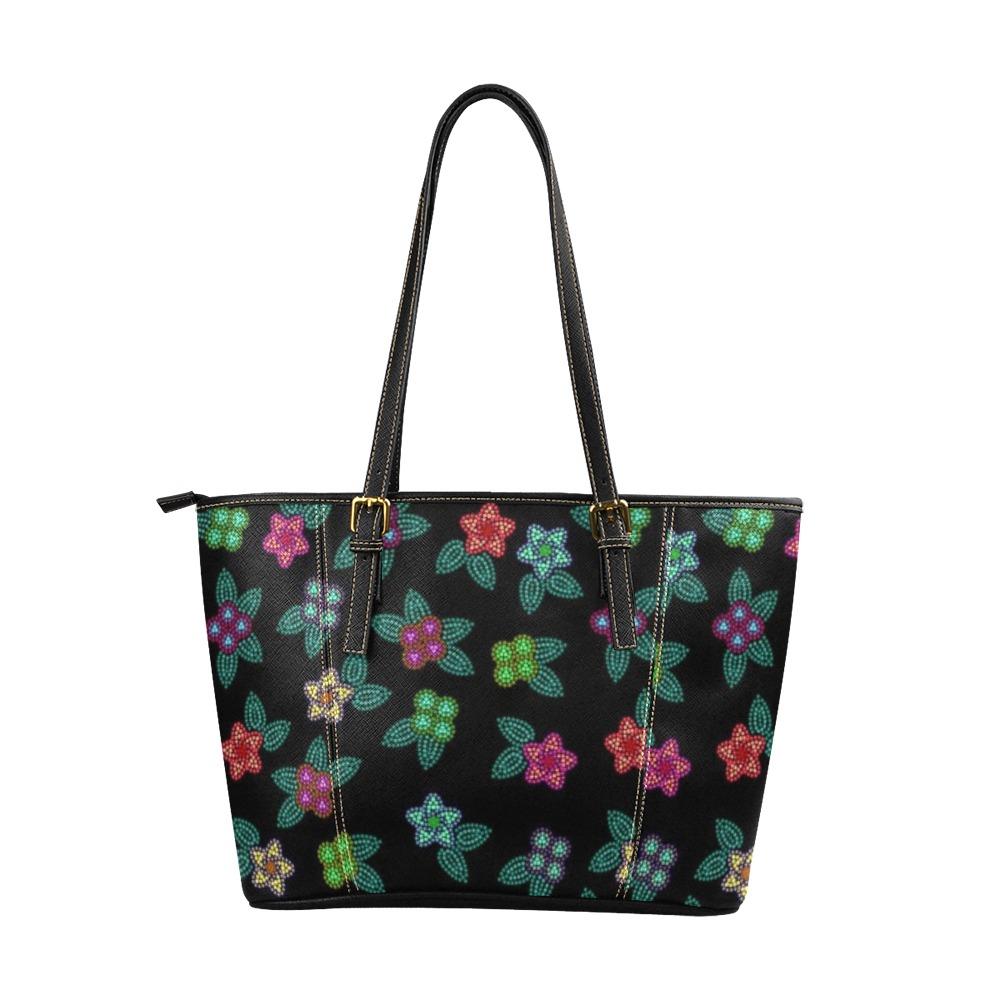 Berry Flowers Black Leather Tote Bag/Large (Model 1640) bag e-joyer 