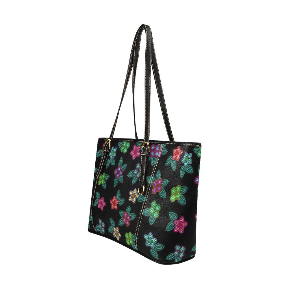 Berry Flowers Black Leather Tote Bag/Large (Model 1640) bag e-joyer 