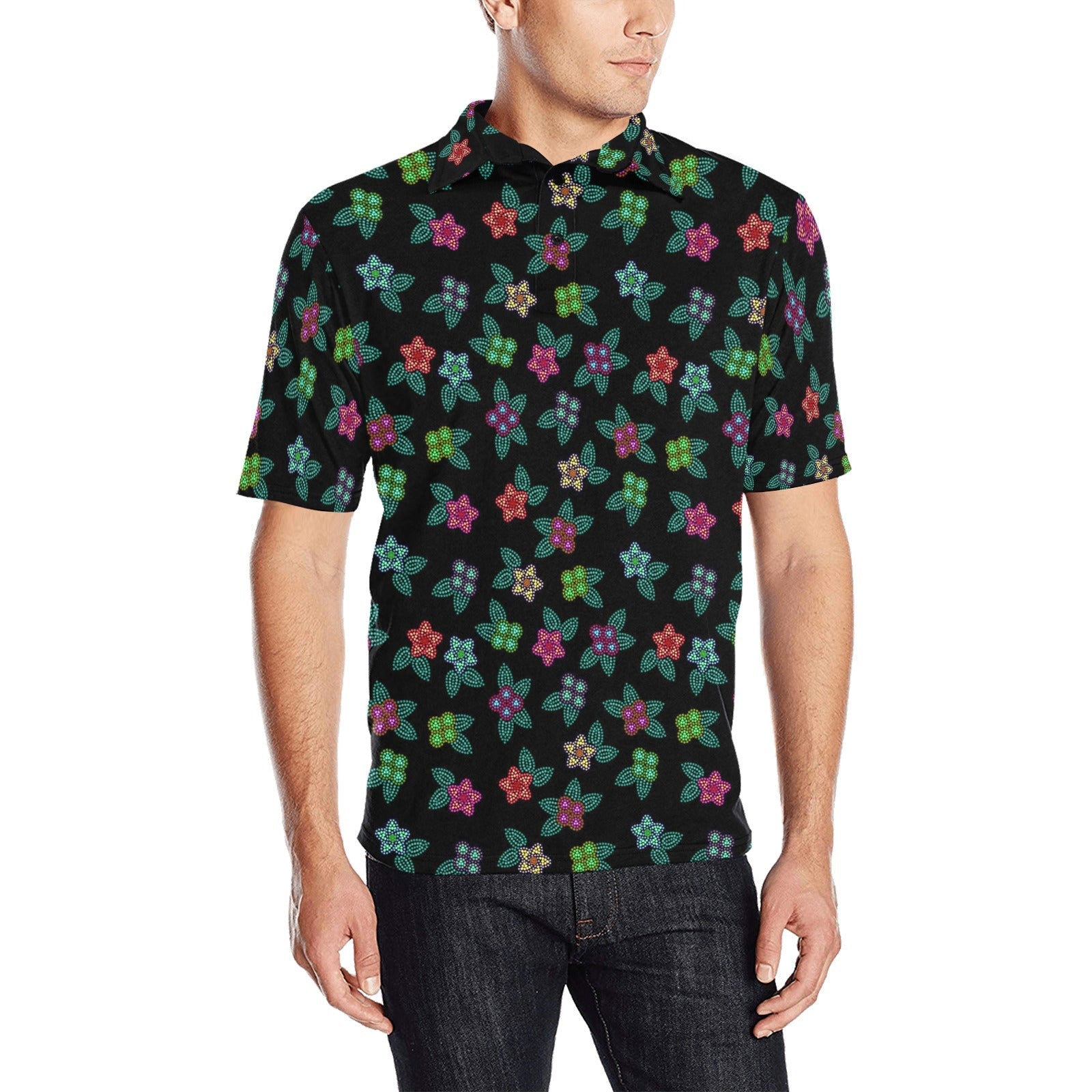 Berry Flowers Black Men's All Over Print Polo Shirt (Model T55) Men's Polo Shirt (Model T55) e-joyer