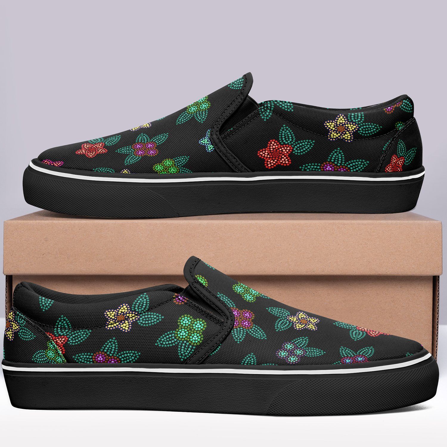 Berry Flowers Black Otoyimm Kid's Canvas Slip On Shoes otoyimm Herman