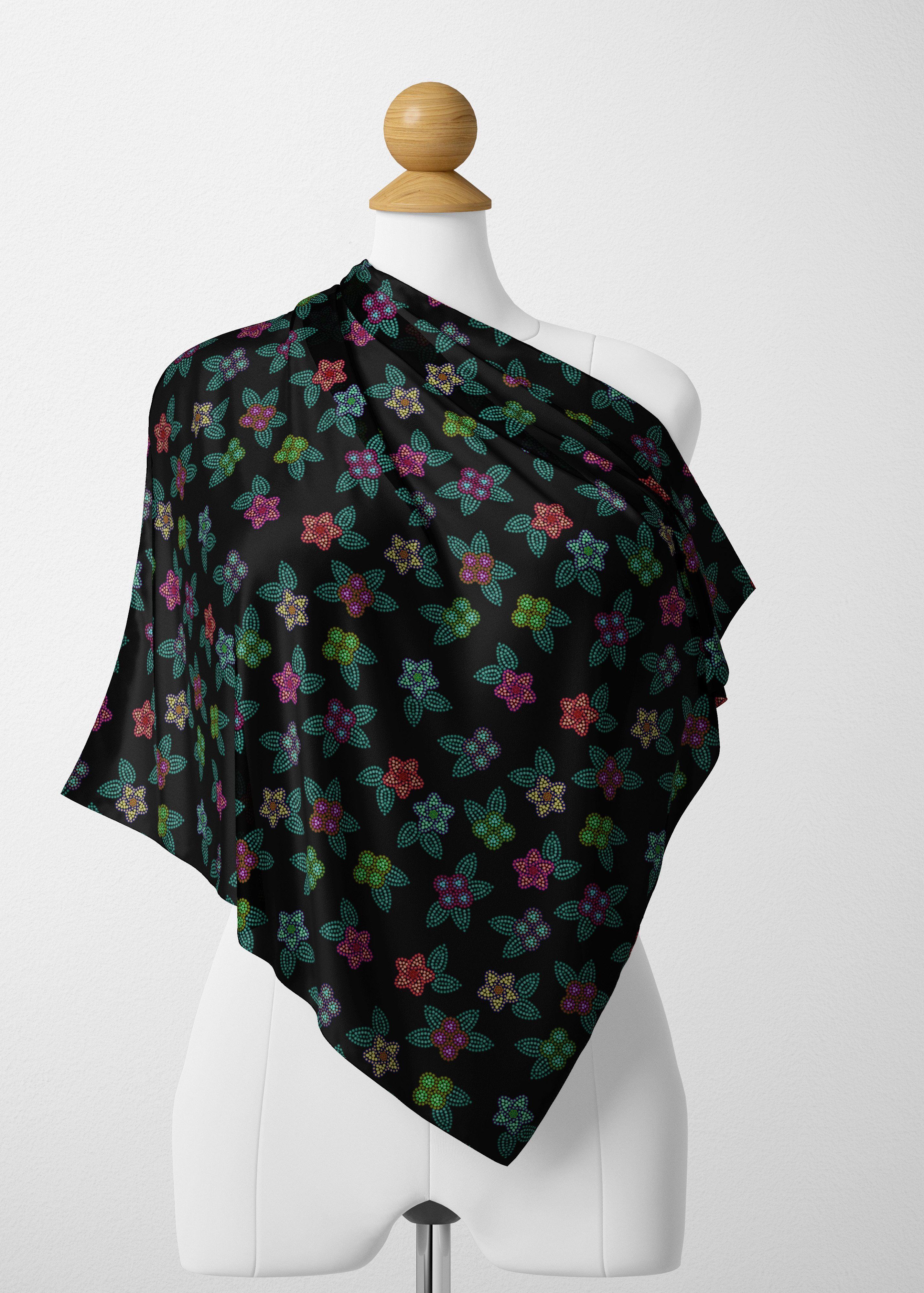 Berry Flowers Black Satin Shawl Scarf 49 Dzine