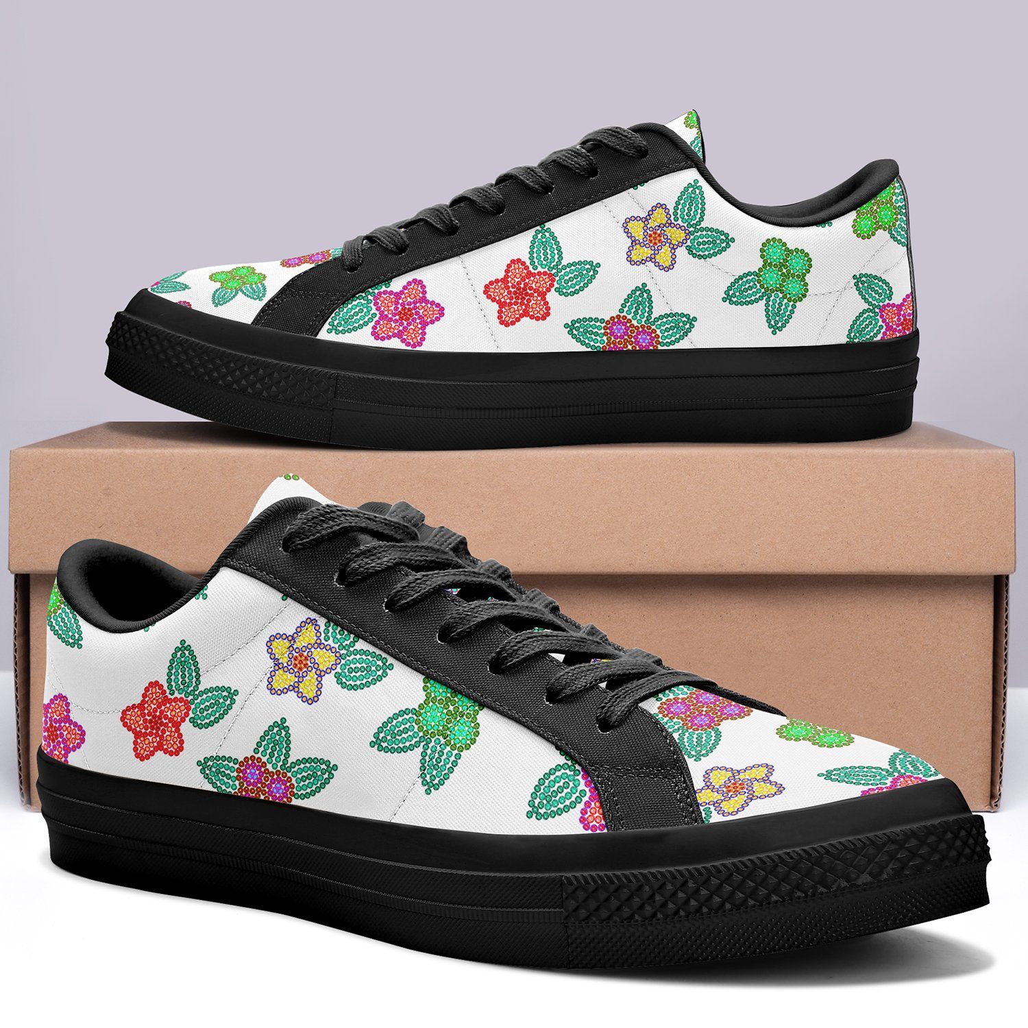 Berry Flowers White Aapisi Low Top Canvas Shoes Black Sole aapisi Herman