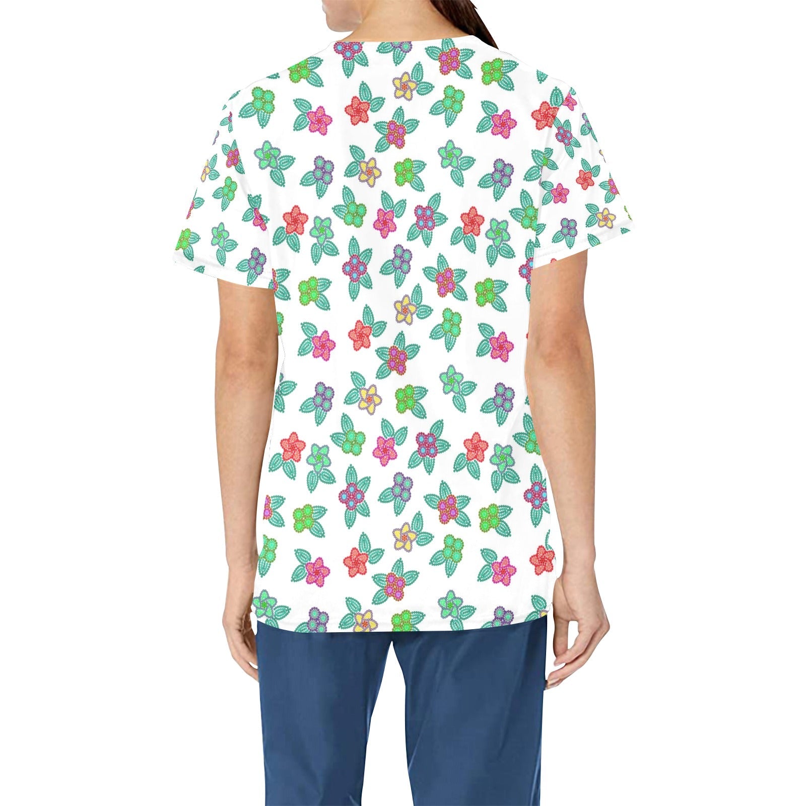 Berry Flowers White All Over Print Scrub Top Scrub Top e-joyer