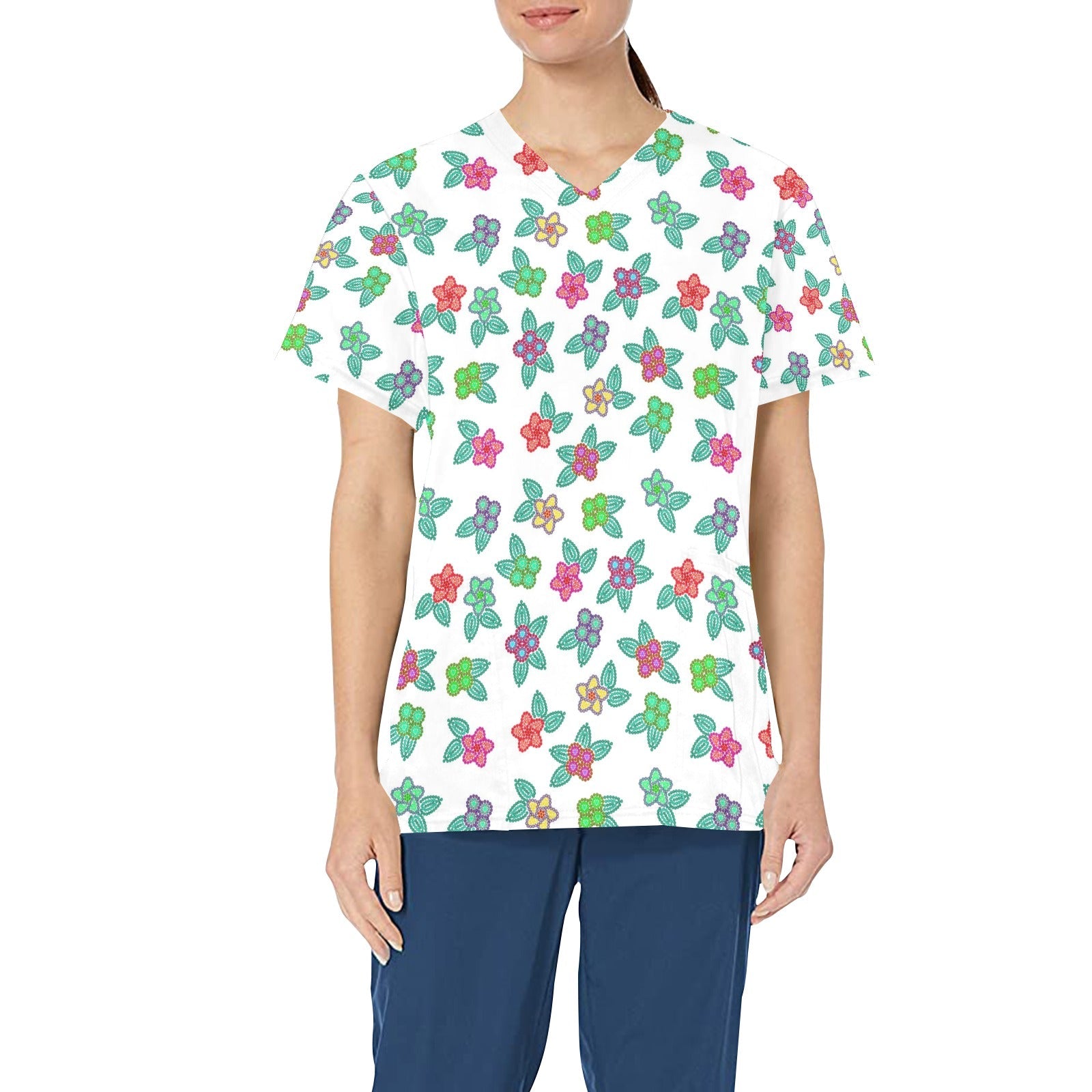 Berry Flowers White All Over Print Scrub Top Scrub Top e-joyer
