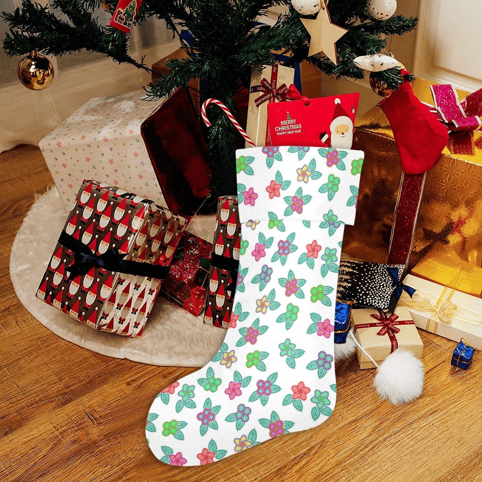 Berry Flowers White Christmas Stocking holiday stocking e-joyer