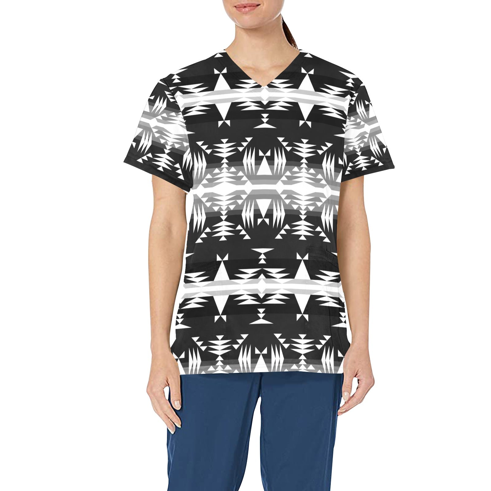 Between the Mountains Black and White All Over Print Scrub Top Scrub Top e-joyer