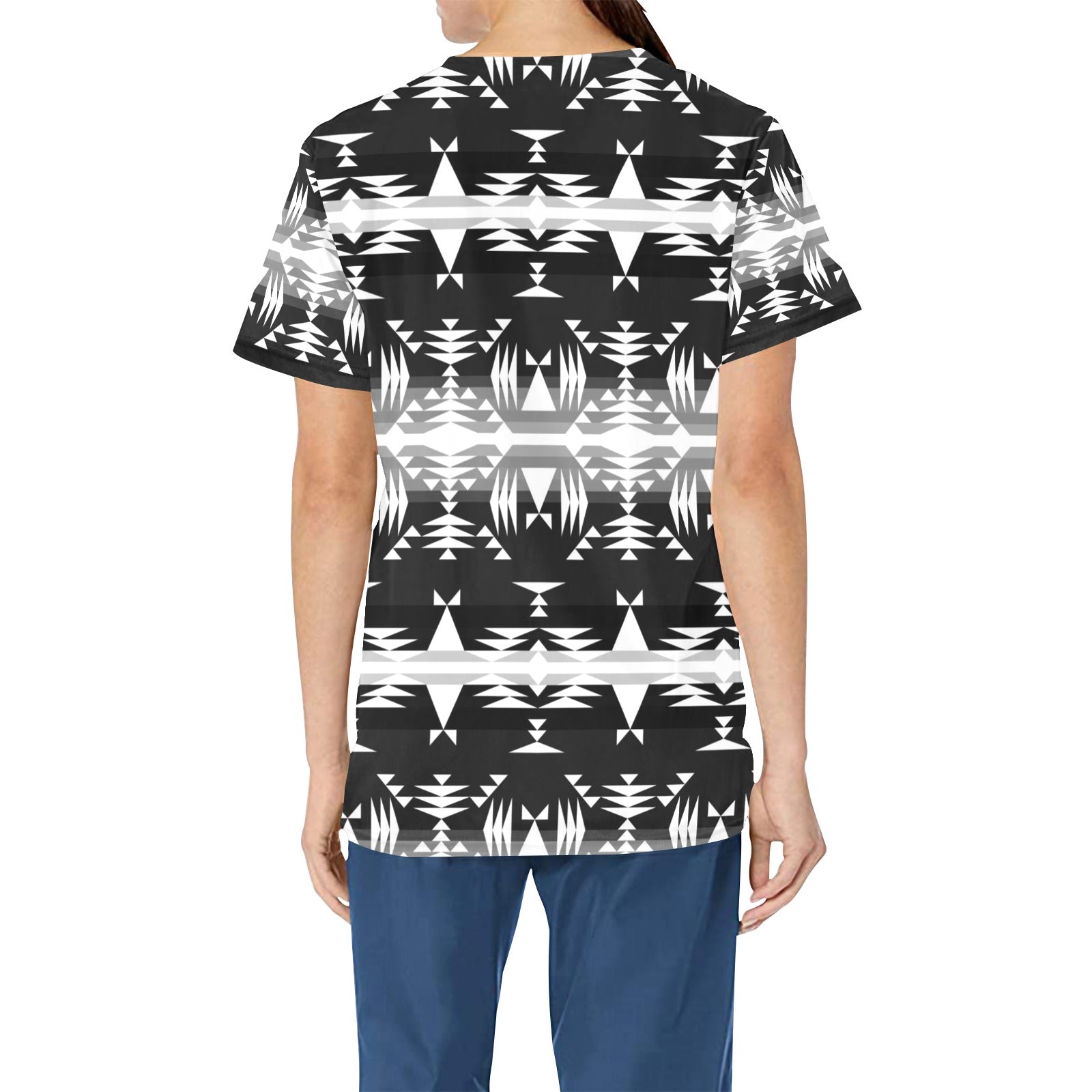 Between the Mountains Black and White All Over Print Scrub Top Scrub Top e-joyer
