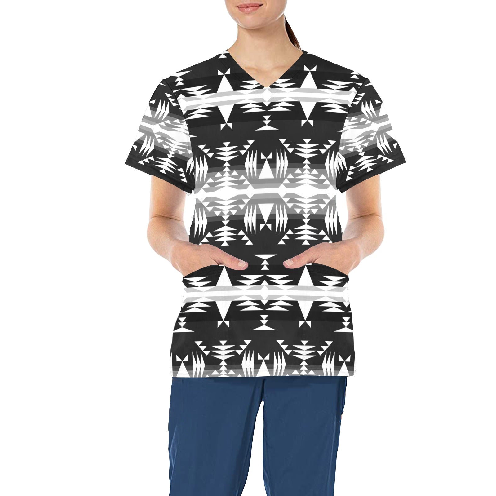 Between the Mountains Black and White All Over Print Scrub Top Scrub Top e-joyer