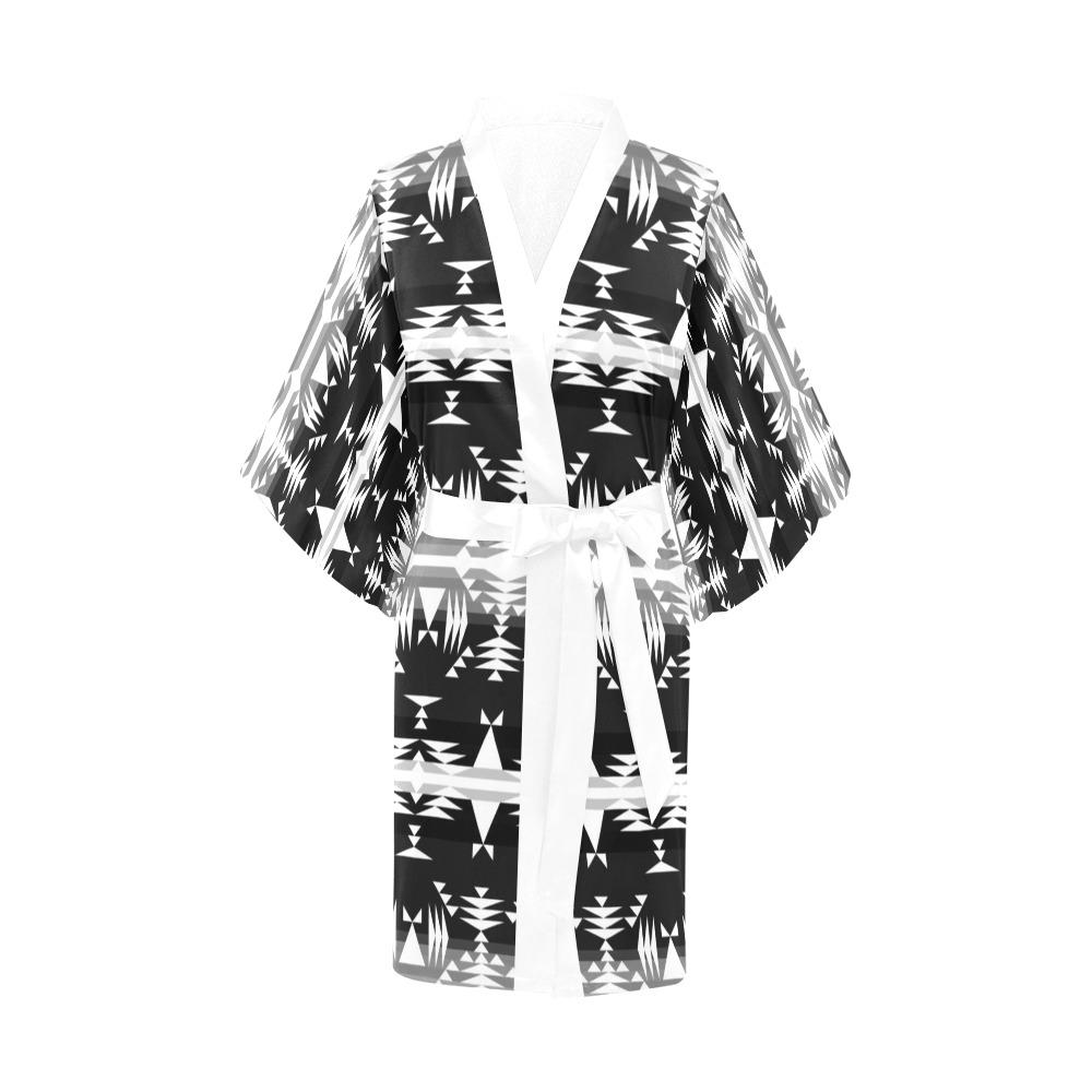 Between the Mountains Black and White Kimono Robe Artsadd