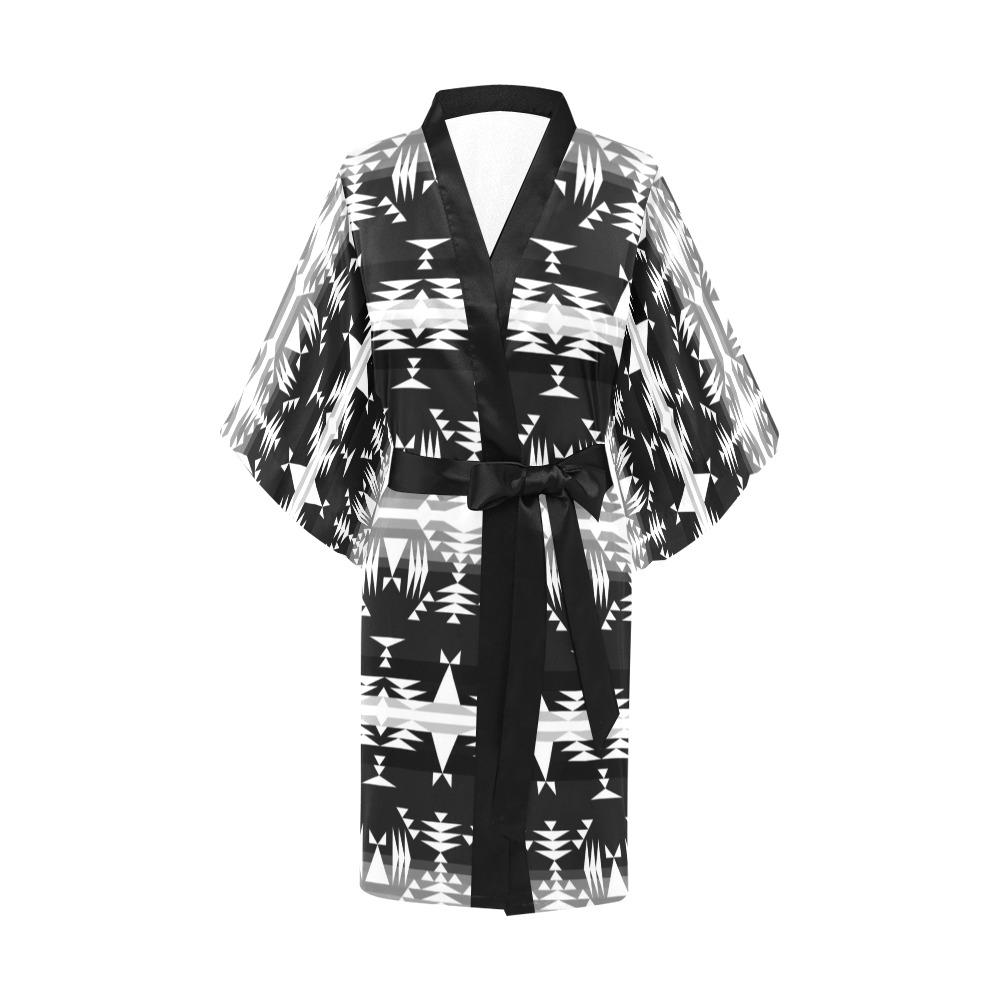 Between the Mountains Black and White Kimono Robe Artsadd