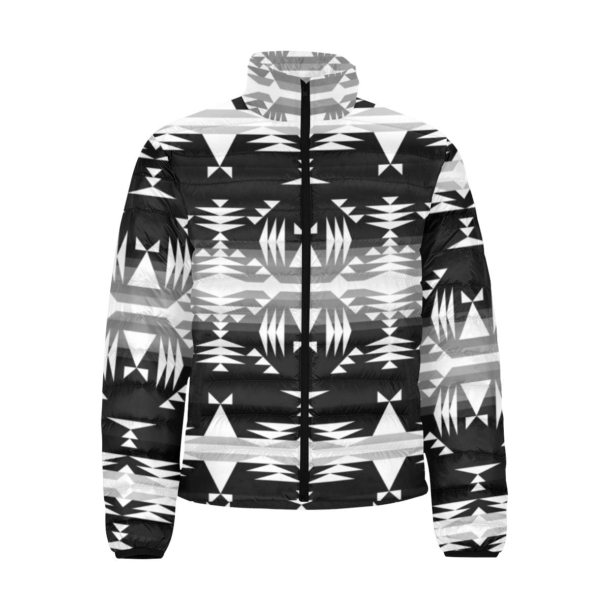Between the Mountains Black and White Men's Stand Collar Padded Jacket (Model H41) Men's Stand Collar Padded Jacket (H41) e-joyer