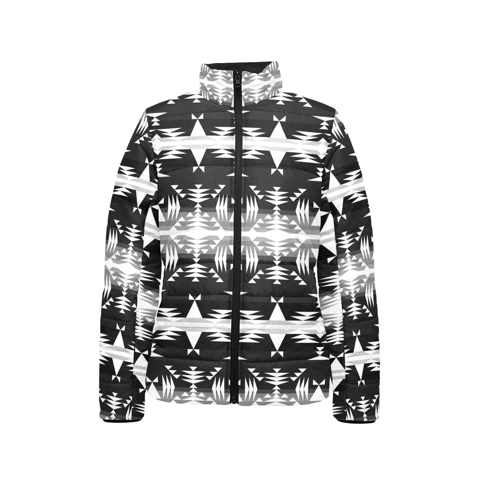 Between the Mountains Black and White Women's Stand Collar Padded Jacket (Model H41) jacket e-joyer