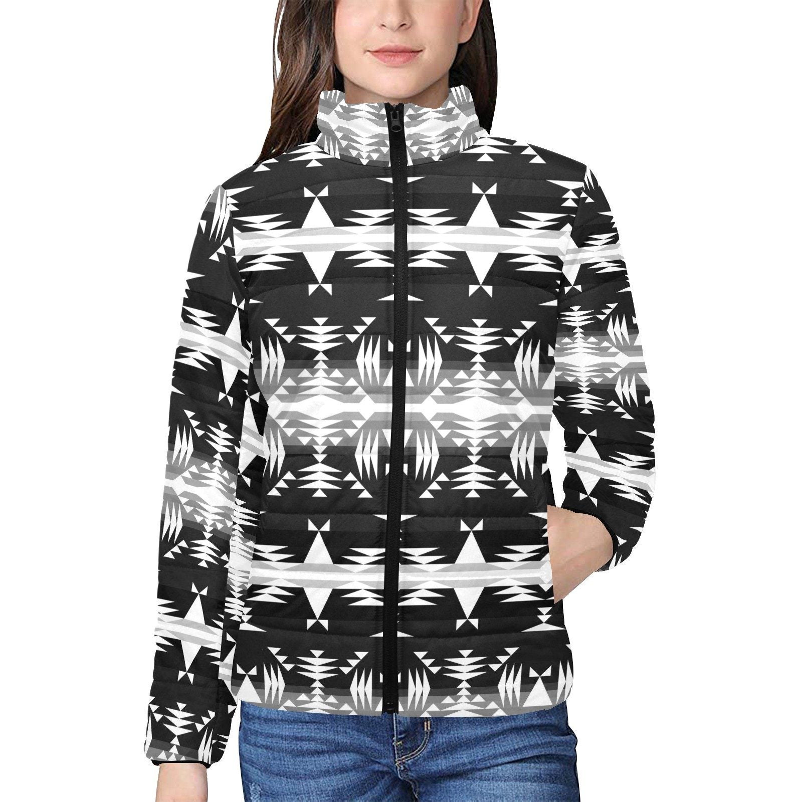 Between the Mountains Black and White Women's Stand Collar Padded Jacket (Model H41) jacket e-joyer