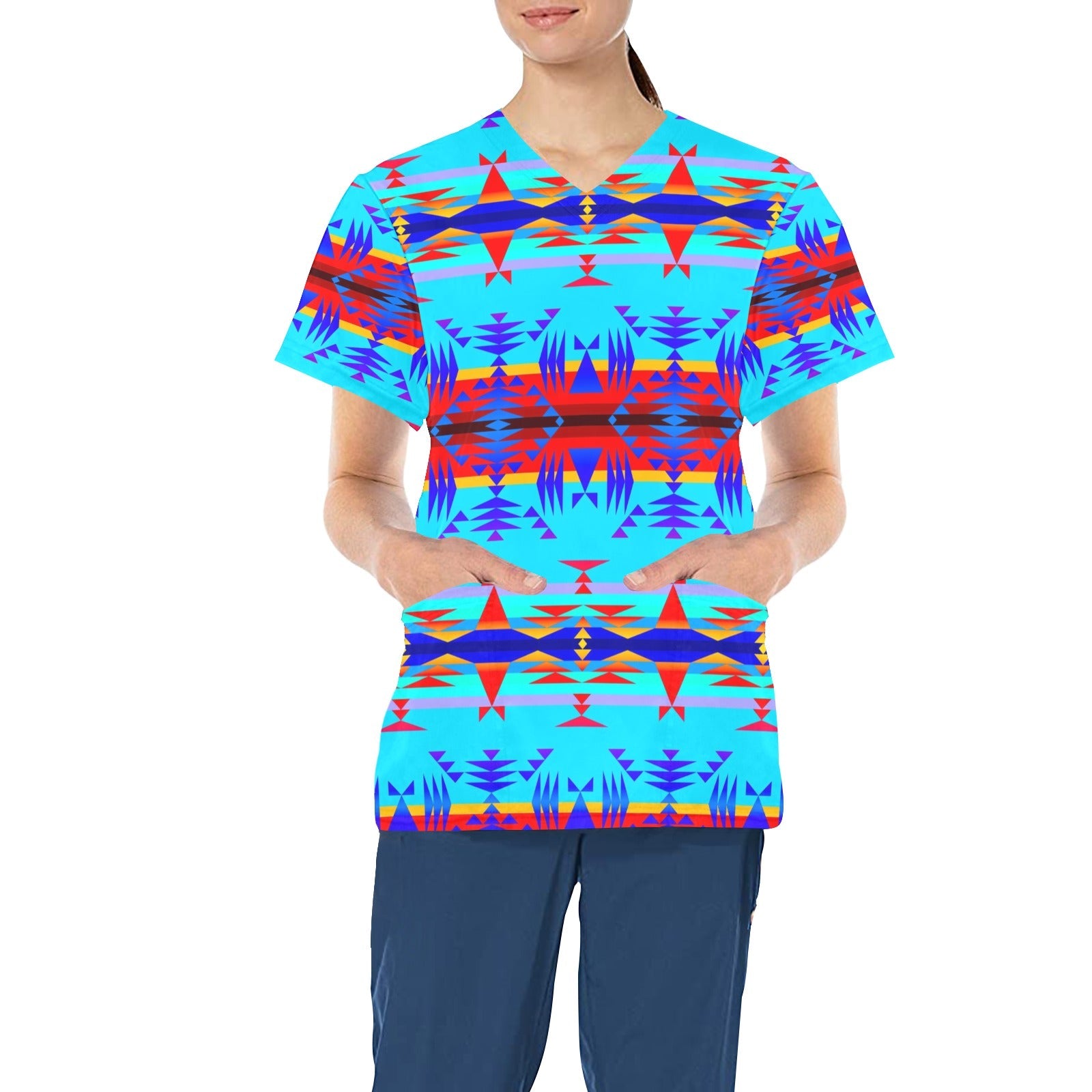Between the Mountains Blue All Over Print Scrub Top Scrub Top e-joyer
